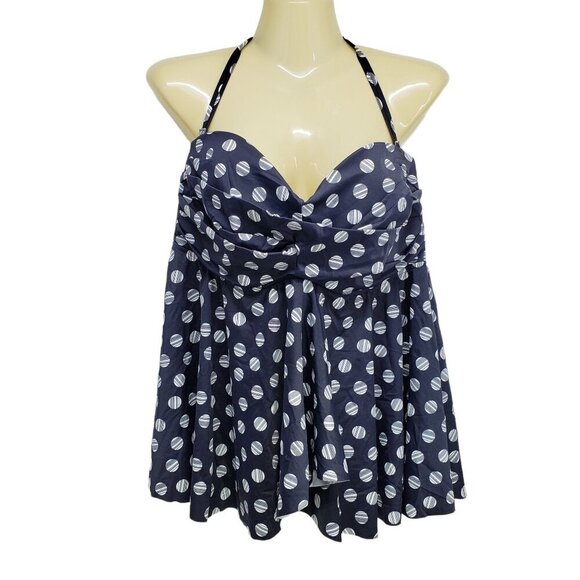 INC Swim Top Polka Dot‎ Print Halter Tankini Bandeau Navy Blue Plus Size 14 - Picture 11 of 12